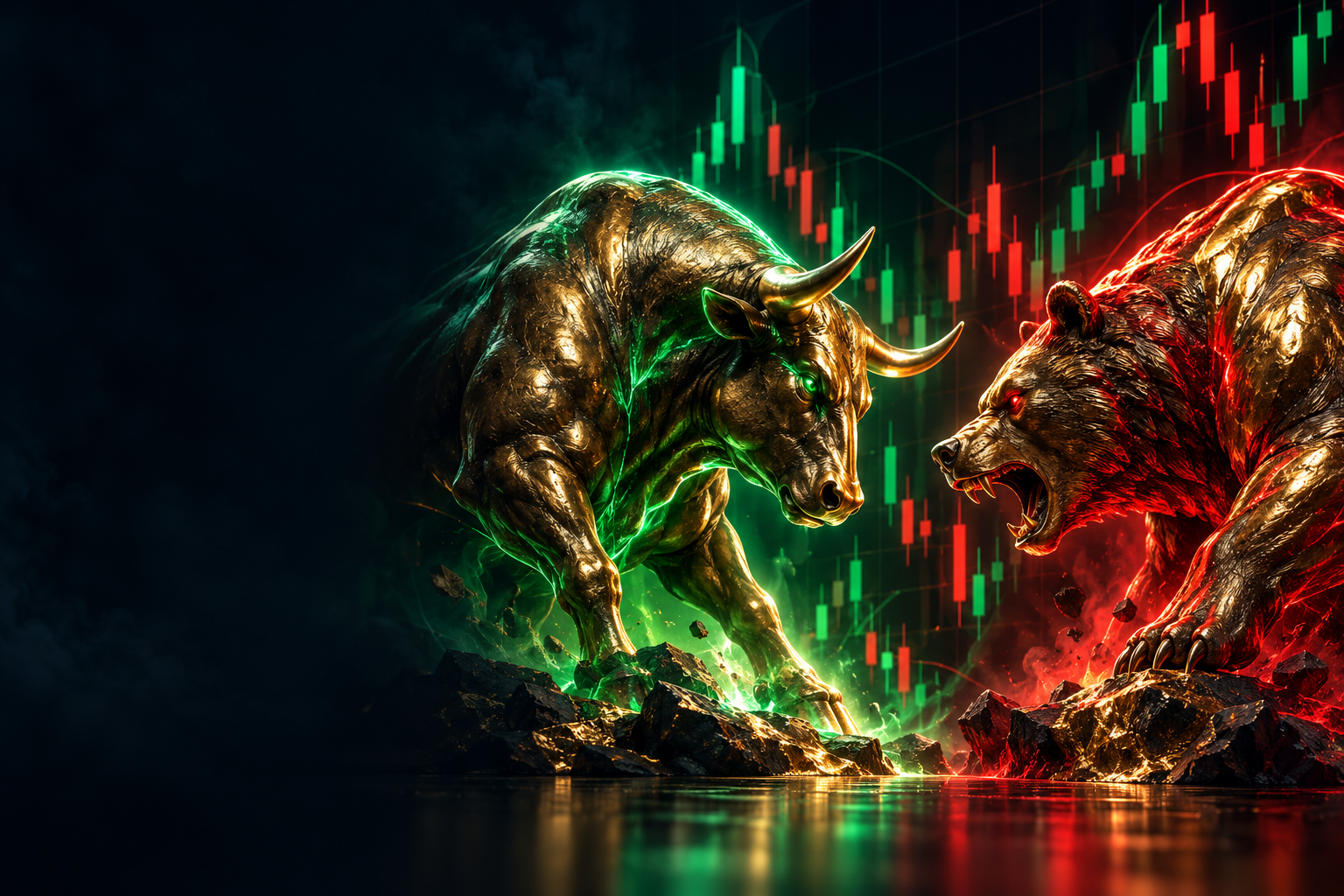 Metallic bull and bear facing off amid green and red candlestick artwork
