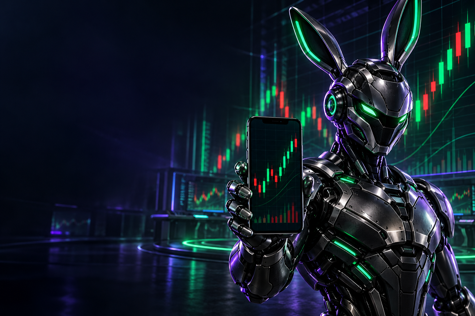 Chrome bunny robot holding a smartphone with green and red candlestick artwork